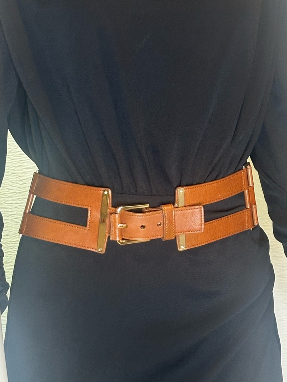 Oscar de la Renta  Cognac Leather Wide Waist Belt with Gold Hardware M